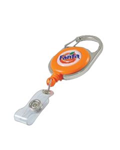 A custom logo ID carabina reel with an orange reel and full colour print.