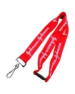 A branded lanyard made from bamboo with a metal dog clip attachment. The lanyard is red with a white print and a safety break.