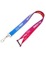 A custom branded dye sublimated lanyard that is white with a colour logo. There is a dog clip and one safety break.