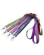 Four custom printed hi viz lanyards with different coloured trim. Each lanyard has a metal trigger clip attachment on the end.