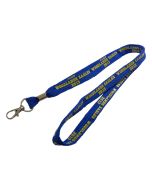 A custom logo tube polyester lanyard with no safety break and a yellow printed design repeated on it.