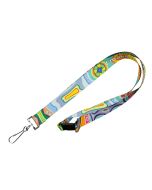 A recycled PET lanyard with custom dye sublimation. It has one safety break and a standard dog hook attachment.