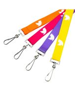 Four recycled custom PET lanyards. Each has a white repeated print and a metal dog clip attachment.