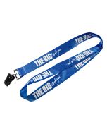 A custom branded flat nylon lanyard that is blue with a white logo repeated on it and no safety break at the back.