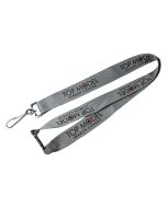 A grey custom flat polyester lanyard with a black and red logo repeated on it and one safety break at the back.