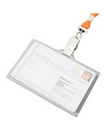 A closed landscape ID holder made from plastic. A business card is inside and there is an orange custom lanyard attached.