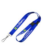 A custom multi safety lanyard that has two safety breaks and a clip for ID. The lanyard is blue with white and green print.