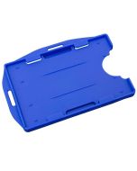 An open face card holder for ID cards made from blue plastic.
