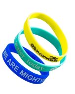 Three silicone custom bracelets for promotions and fundraisers from Custom Lanyards Canada with custom print on each.