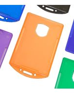 Different colour closed face ID holders with an orange option in the centre.