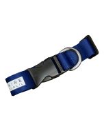 A blue promotional pet collar with white print and a D ring metal attachment.