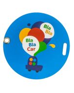 A round customized luggage tag made from plastic with full colour print and a grommet cut out hole.