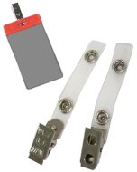 Two ID badge clips beside a blank, plastic identification card colder pouch.