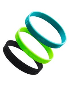 Three debossed custom wristbands in teal, green and black for promotional events and awareness campaigns in Canada.