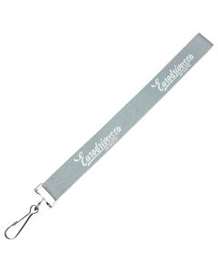 A grey custom printed wrist strap lanyard with a white repeated logo and a dog clip attachment.