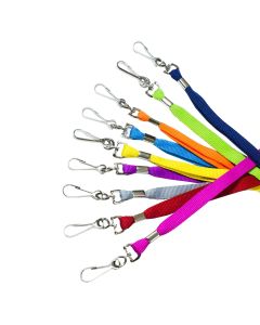 Nine stock lanyards in unique colours. Each has a metal ID clip attachment at the end.