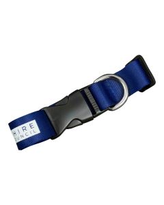 A blue promotional pet collar with white print and a D ring metal attachment.