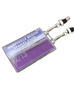 A slide mech card holder with a double ended lanyard attached and a custom ID card inside.