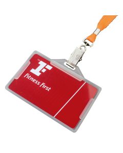 Promotional open face edged ID holder with a red membership card and an orange lanyard with a croc clip.