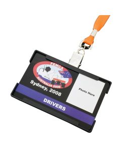 An open face ID holder with a slide design. There is identification inside and a lanyard attached by a metal clip.