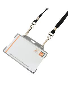 A promotional landscape edged ID holder with ID inside and a double ended lanyard attached to the holder.