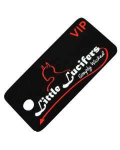 A black plastic customized membership key tag with white and red print on the front.