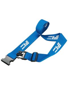 A blue custom luggage strap with a white print logo and a black clip.