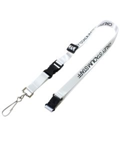 A custom printed adjustable lanyard with a dog clip. The lanyard is white with two safety breaks and a black, repeated logo.