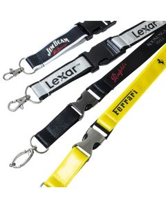 Four custom satin applique lanyards, two with safety breaks and two without. They have standard fittings and upgrade fittings.