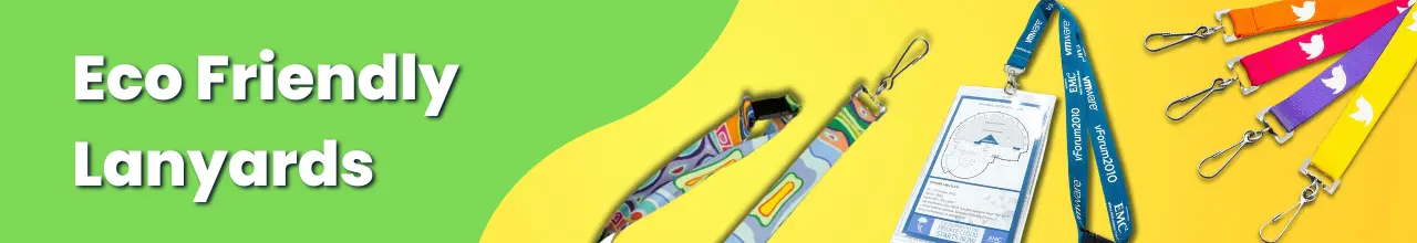 Photos of several eco friendly lanyards over a bright and colourful background