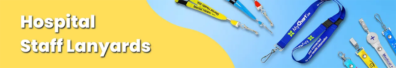Photos of several hospital staff lanyards over a bright and colourful background