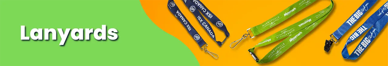 Photos of several lanyards over a bright and colourful background