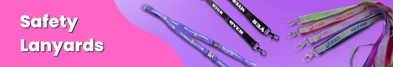 Photos of several safety lanyards over a bright and colourful background
